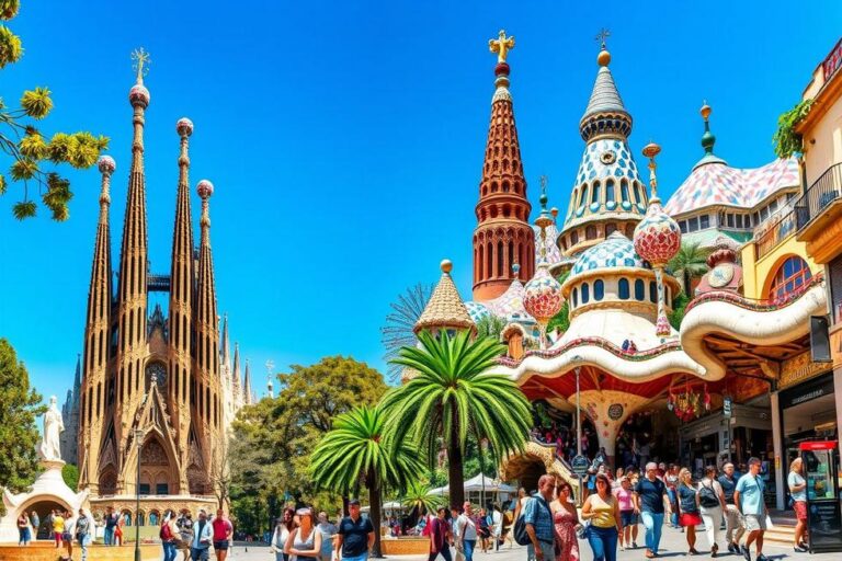 Collage das principais atrações turísticas de Barcelona.
