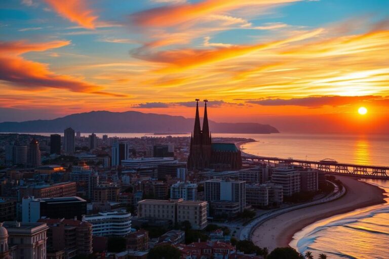 Pôr do sol em Barcelona mostrando a Sagrada Família e o mar Mediterrâneo.