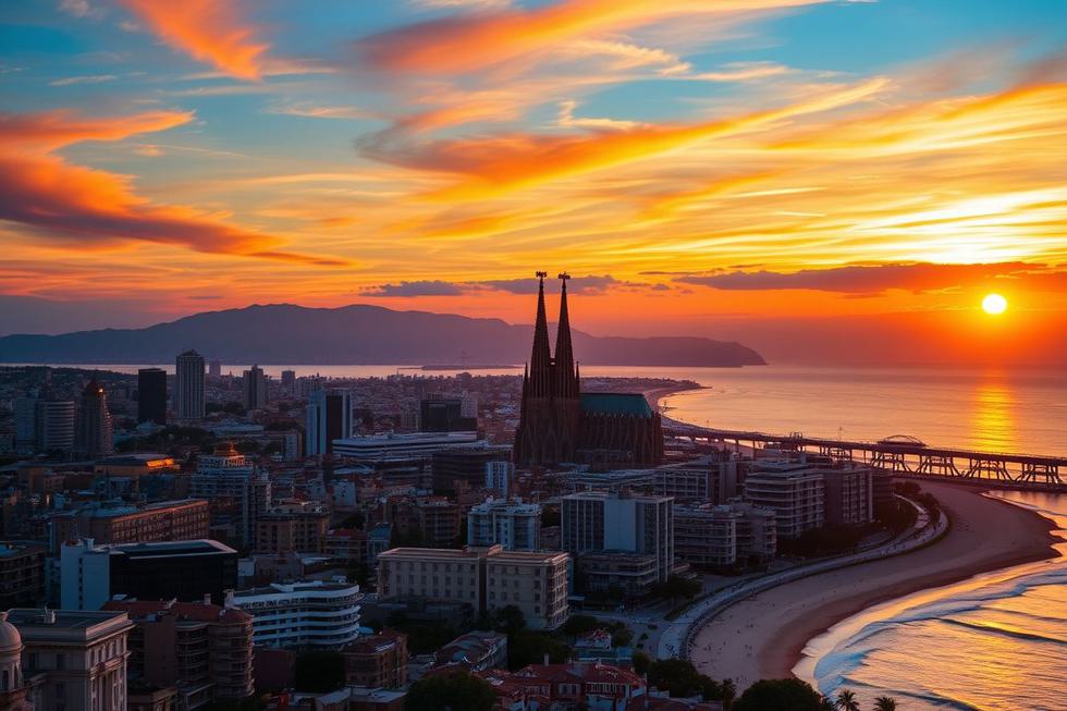 Pôr do sol em Barcelona mostrando a Sagrada Família e o mar Mediterrâneo.