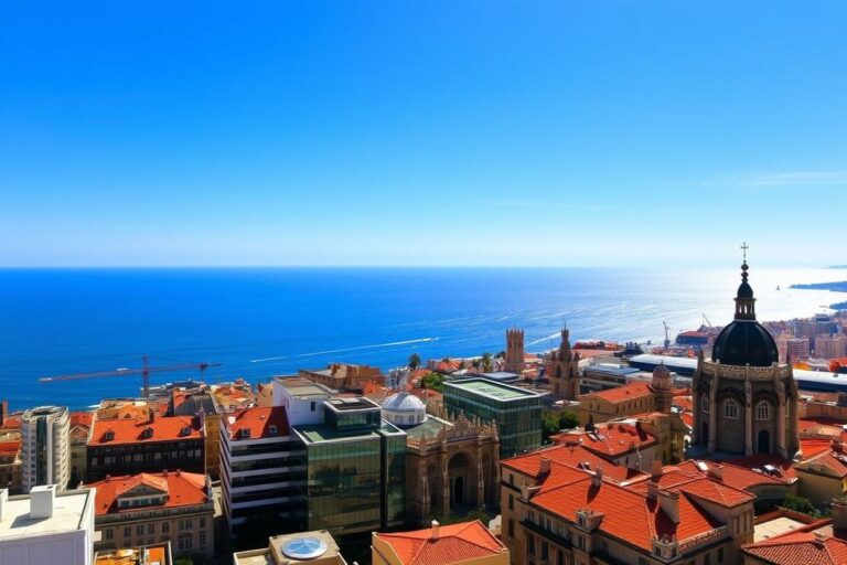 Vista panorâmica de Barcelona, mostrando a arquitetura única da cidade e o mar ao fundo.