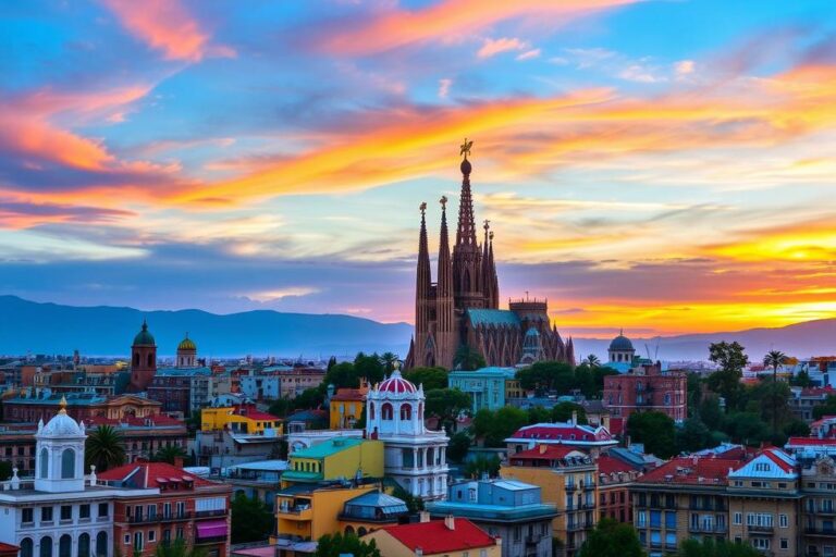 Vista panorâmica de Barcelona ao pôr do sol, destacando a Sagrada Família