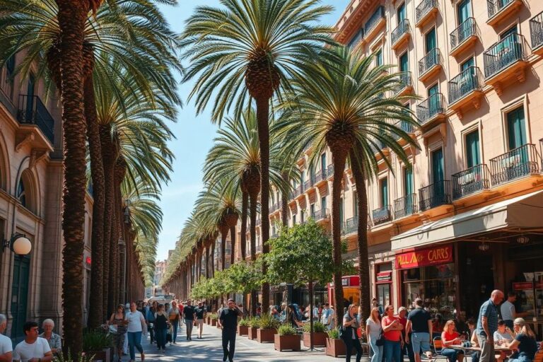 Uma rua vibrante de Barcelona, representando sua cultura e vida.