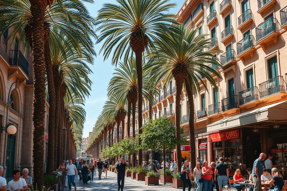 Uma rua vibrante de Barcelona, representando sua cultura e vida.