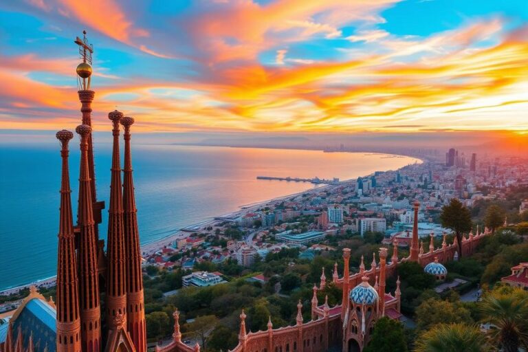 Panorama de Barcelona com destaque para a Sagrada Família e Parque Güell.