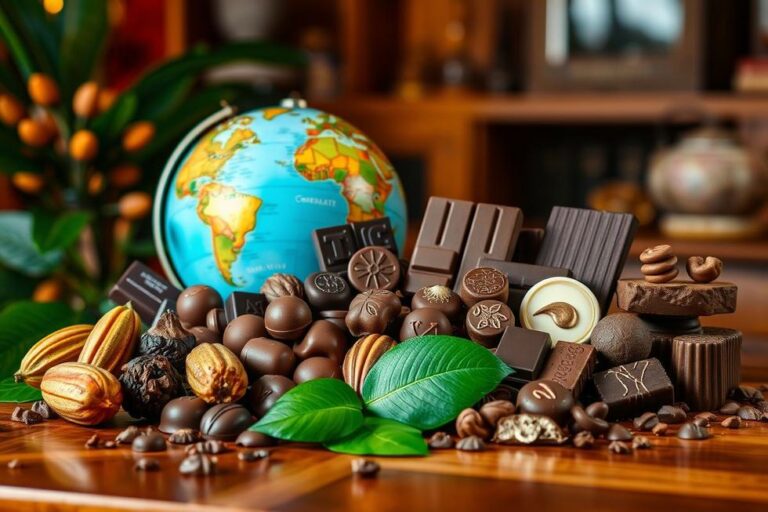 Exposição de chocolates de diversos países.