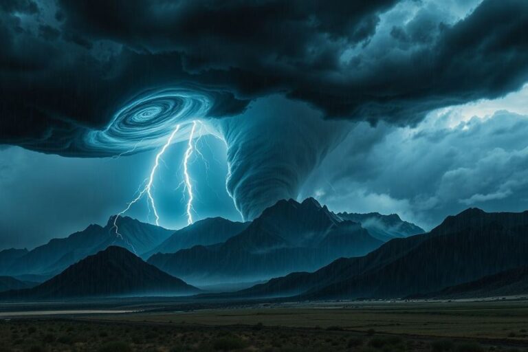 Paisagem ameaçadora com um tornado ao fundo, simbolizando os desastres naturais.