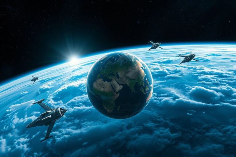 Visão dinâmica da Terra com espaçonaves orbitando, simbolizando a exploração espacial.