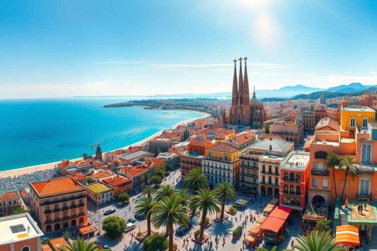 Vista panorâmica de Barcelona incluindo a Sagrada Família e o mar Mediterrâneo.