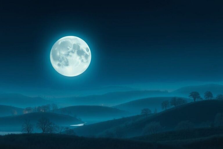 Visão da Lua cheia sobre um cenário noturno tranquilo.