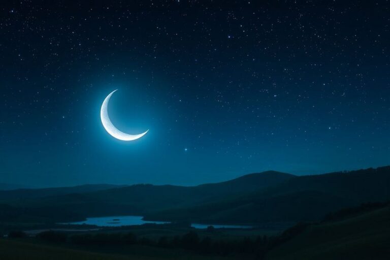 Céu noturno com a lua crescente brilhantemente iluminada.