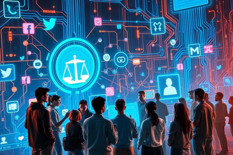 Paisagem digital refletindo a regulamentação das redes sociais e o futuro da comunicação.