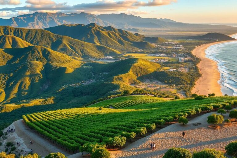 Paisagens diversas do Rio Grande do Sul com montanhas, vinhedos e áreas costeiras.