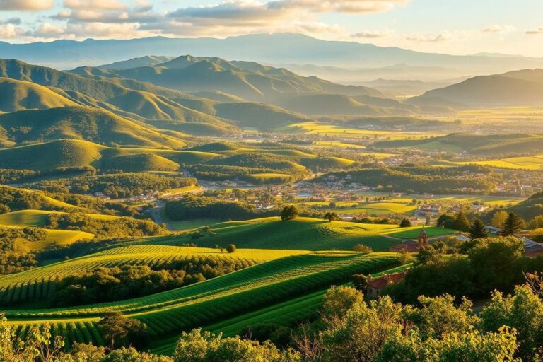Panorama do Rio Grande do Sul com montanhas e vinhedos.