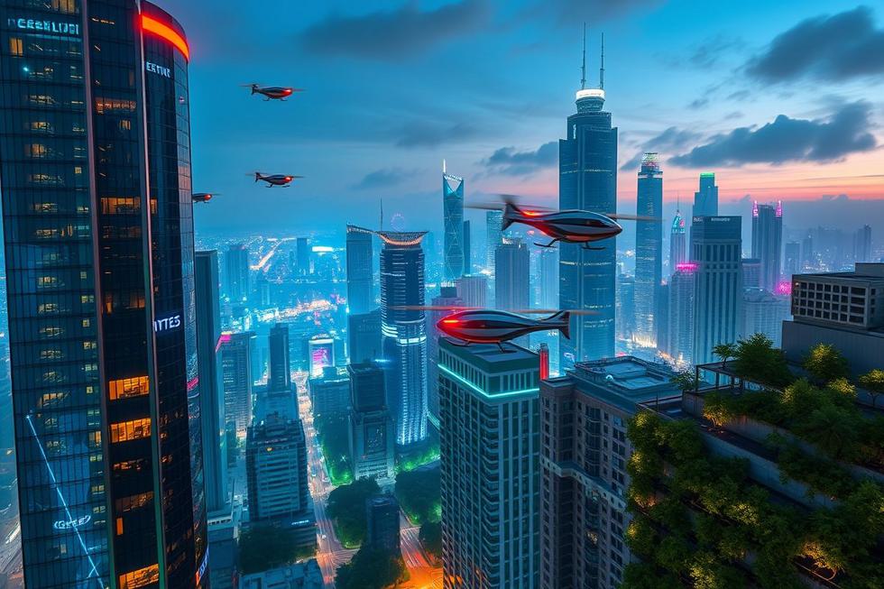 Cidade futurista com táxis aéreos elétricos.