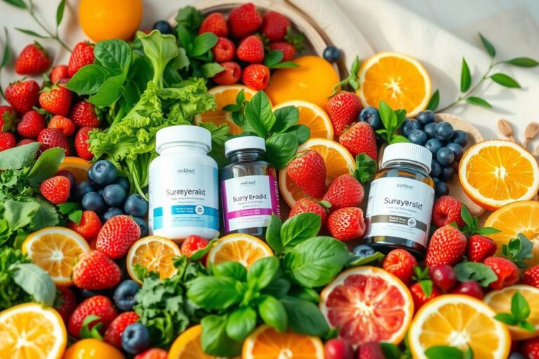 Elementos de saúde e nutrição simbolizando qualidade e segurança.