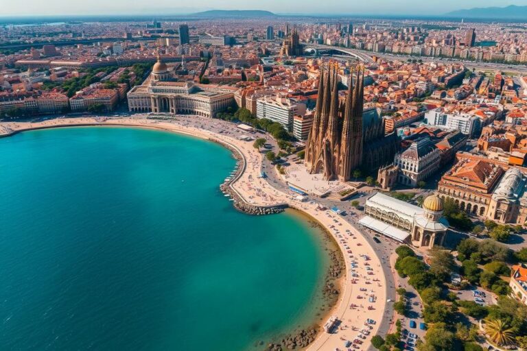 Vista aérea de Barcelona com destaque para a Sagrada Família e a costa.