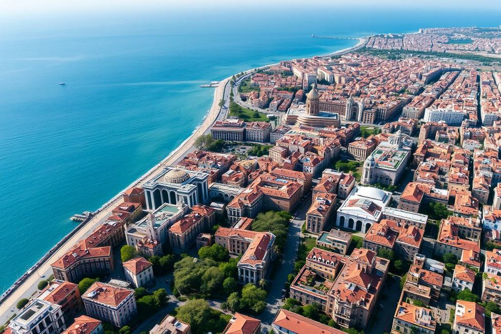 Vista aérea de Barcelona, destacando sua arquitetura histórica e praias.