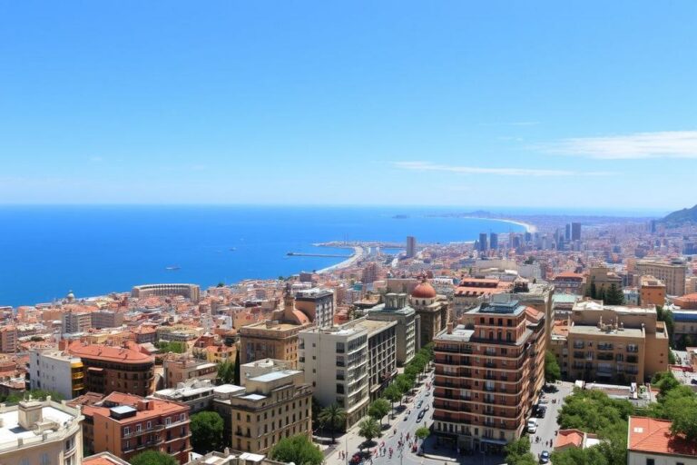 Vista panorâmica da cidade de Barcelona com o mar Mediterrâneo ao fundo.
