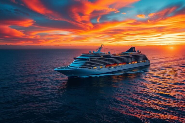 Cruzeiro no mar durante um pôr do sol espetacular.