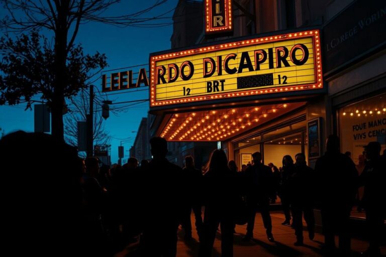 Letreiro de cinema com nome de DiCaprio e expressões de desapontamento dos fãs