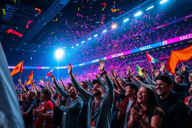 Torcedores celebrando em um estádio de futebol.