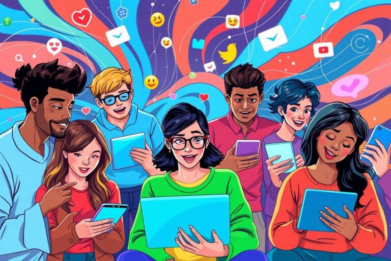 Imagem sobre interações nas redes sociais com pessoas diversas conectando-se digitalmente.