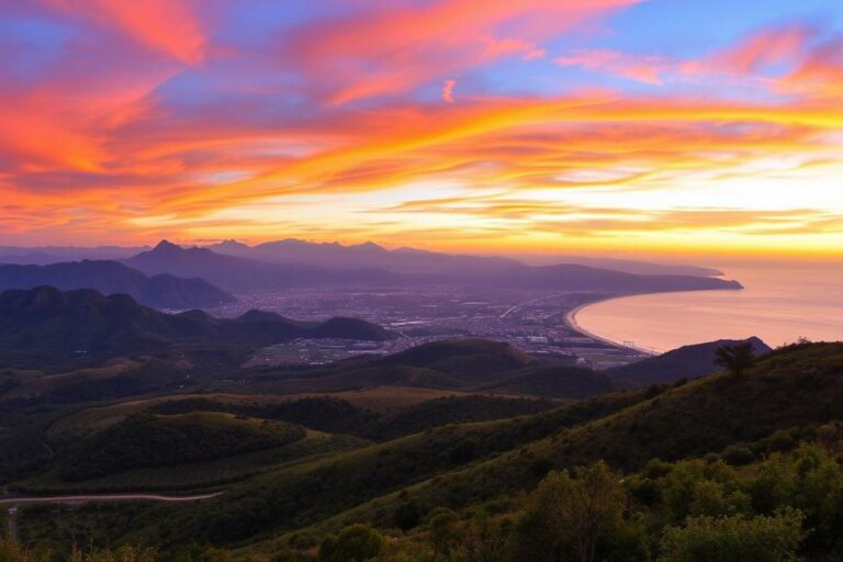 Vista panorâmica das paisagens do Rio Grande do Sul ao pôr do sol.