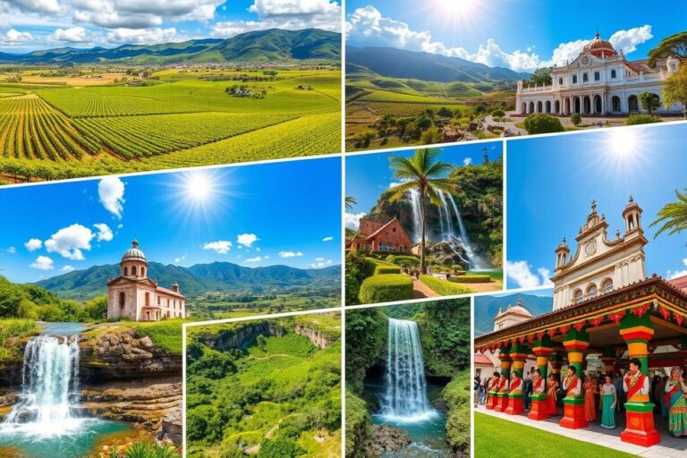 Montagem vibrante das principais atrações do Rio Grande do Sul, incluindo vinhedos e pontos culturais.