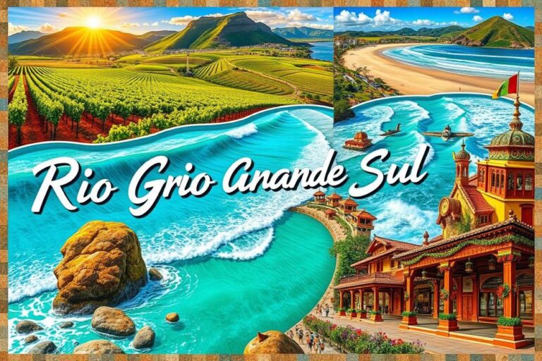 Colagem das atrações turísticas do Rio Grande do Sul, incluindo vinhedos e praias.