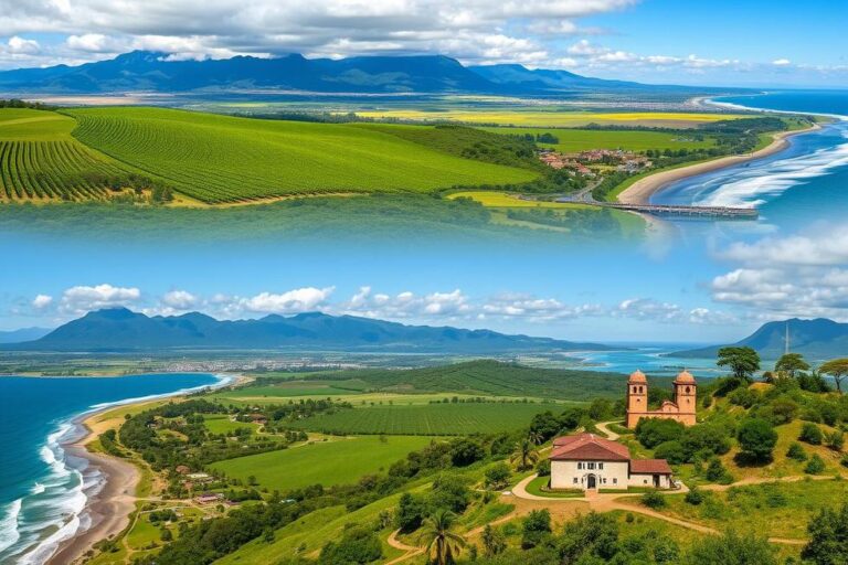Paisagens diversas do Rio Grande do Sul, incluindo vinhedos, montanhas e praias.