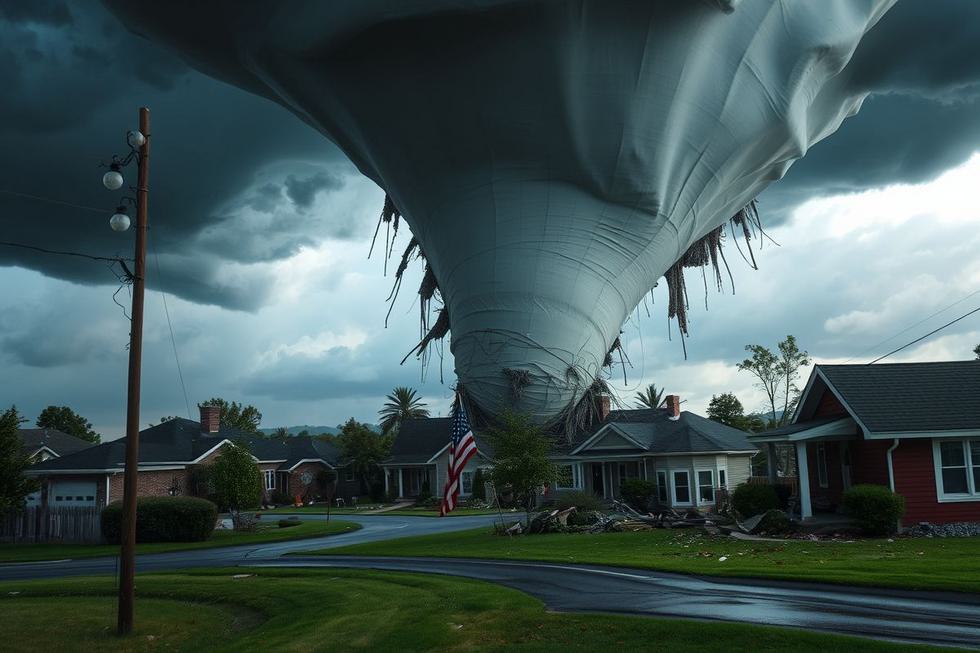 Imagem de um tornado atingindo uma área residencial, demonstrando a destruição causada pelo fenômeno.