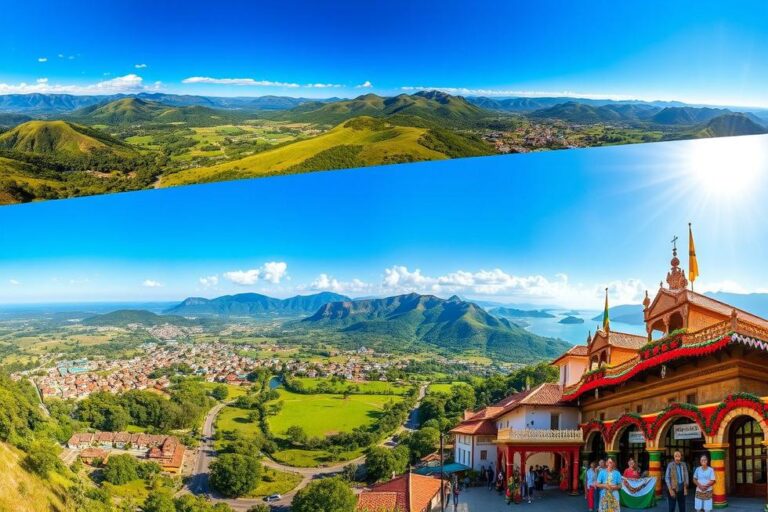 Colagem de paisagens famosas e ícones culturais do Rio Grande do Sul.