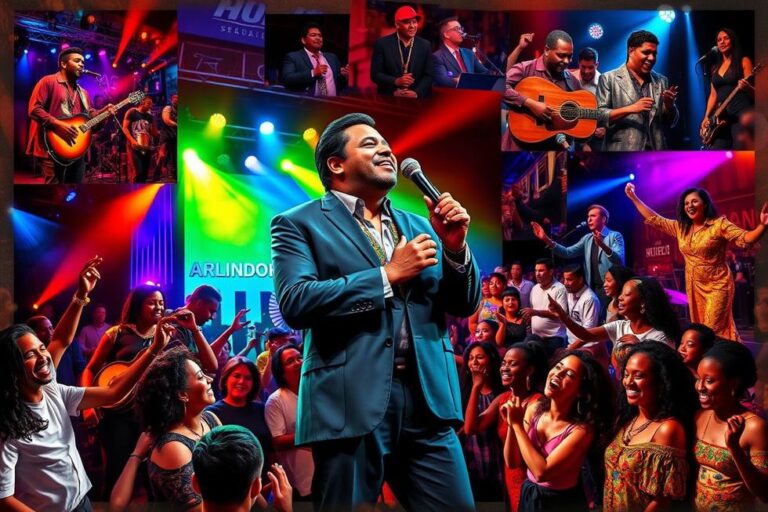 Colagem de momentos marcantes de Arlindo Cruz em performances ao longo da carreira.