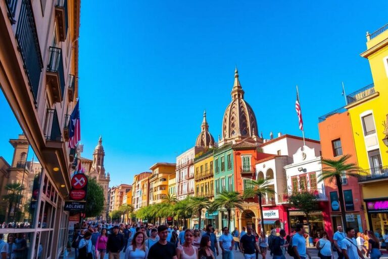 Ruas vibrantes de Barcelona, cheias de vida e arquitetura colorida.