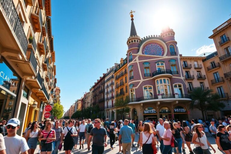 Turistas explorando as ruas vibrantes de Barcelona com arte e arquitetura ao fundo.