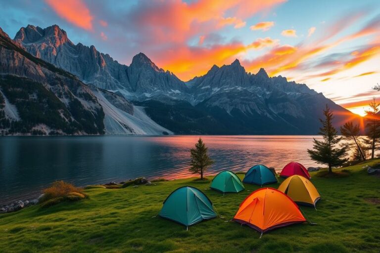 Cenário de acampamento próximo a um lago sereno com montanhas ao fundo.