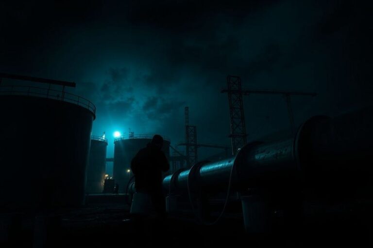 Ação criminosa de furto de combustíveis em um ambiente industrial à noite.