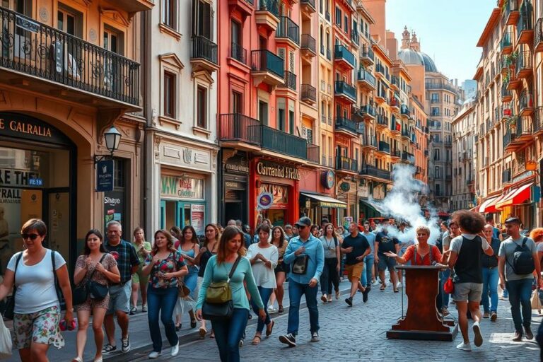 Turistas em uma rua movimentada de Barcelona, admirando a arquitetura e a atmosfera.