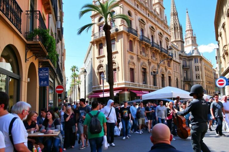 Turistas aproveitando a cultura vibrante de Barcelona nas ruas.