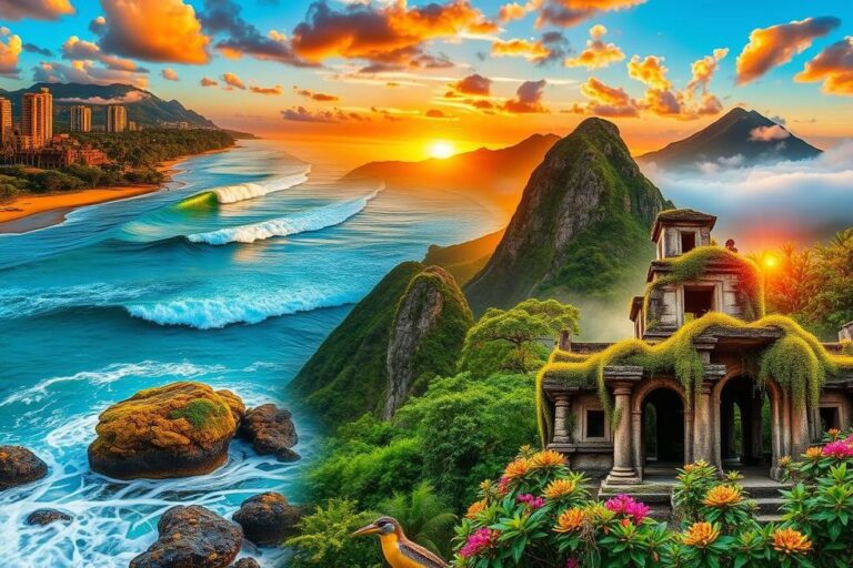 Colagem de paisagens da América Central, incluindo praias, montanhas e ruínas.