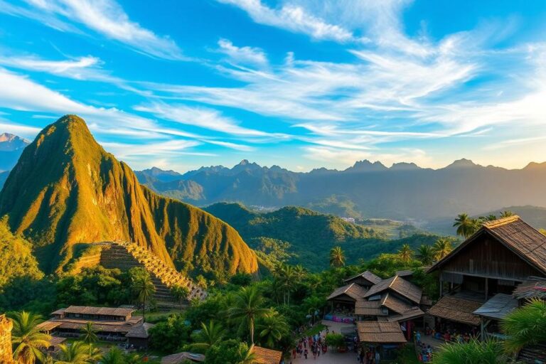Paisagem exuberante da América Central com montanhas e ruínas históricas.