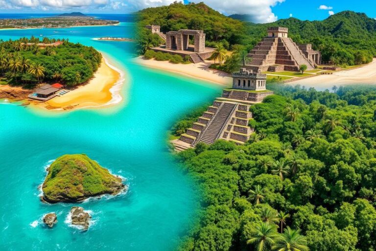 Paisagens vibrantes da América Central, incluindo praias, ruínas e florestas.