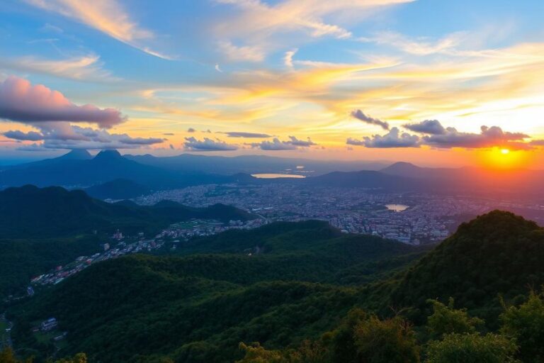 Vista panorâmica da América Central com montanhas e cidades vibrantes.