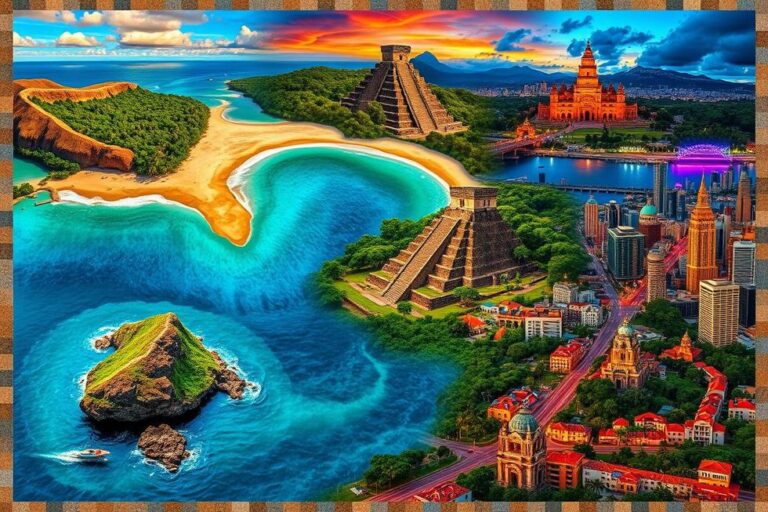 Colagem de paisagens da América Central mostrando praias, ruínas antigas e cidades vibrantes.