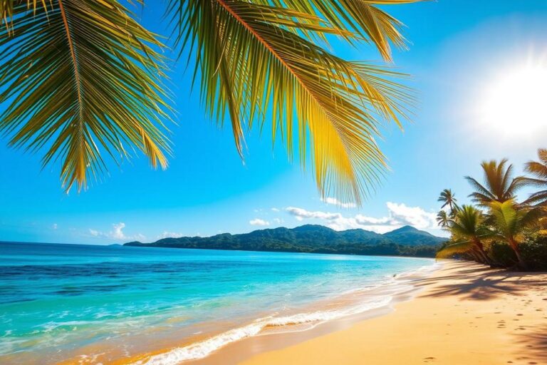 Praia tropical na América Central com águas cristalinas e palmeiras.