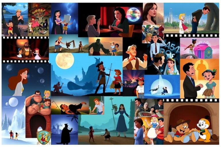 Colagem impressionante de cenas icônicas do cinema e da animação, sinalizando criatividade.
