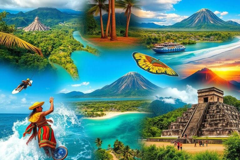 Colagem de imagens mostrando paisagens e cultura da América Central