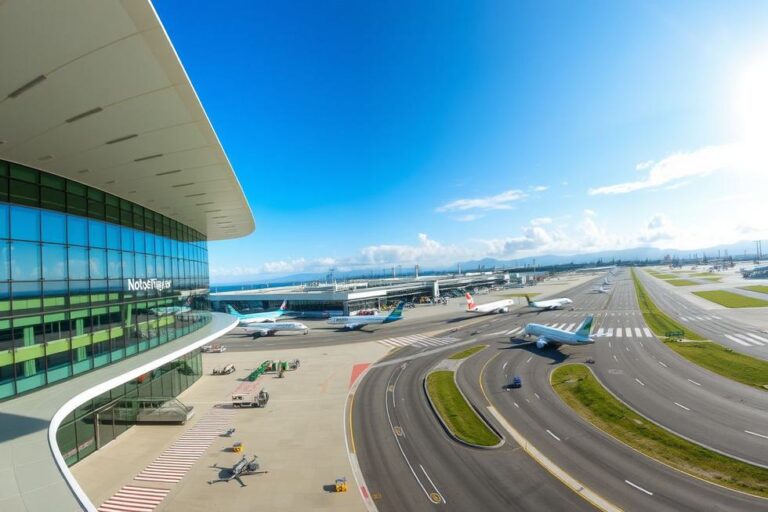 Vista moderna do Aeroporto de Congonhas com pista movimentada.