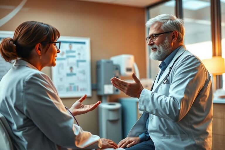Um médico e um paciente discutindo sintomas de saúde.