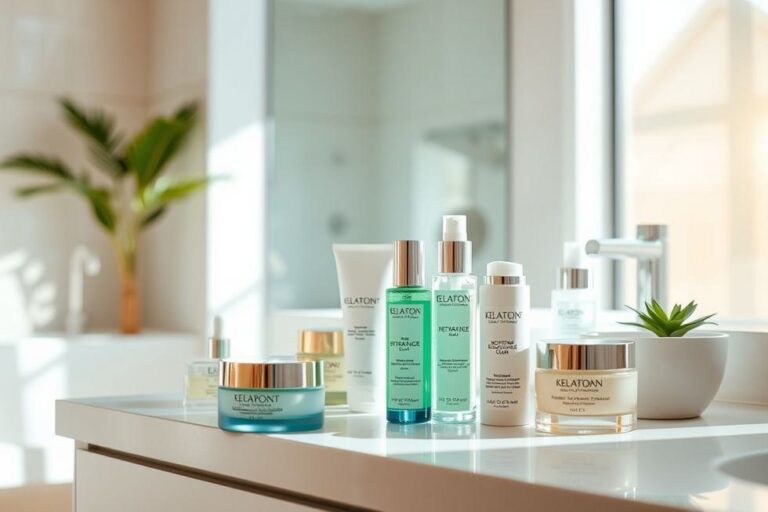 Produtos de skincare em um ambiente iluminado.